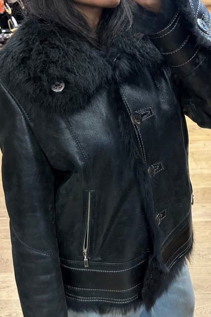 Vintage Black Leather Jacket Shearling 90's