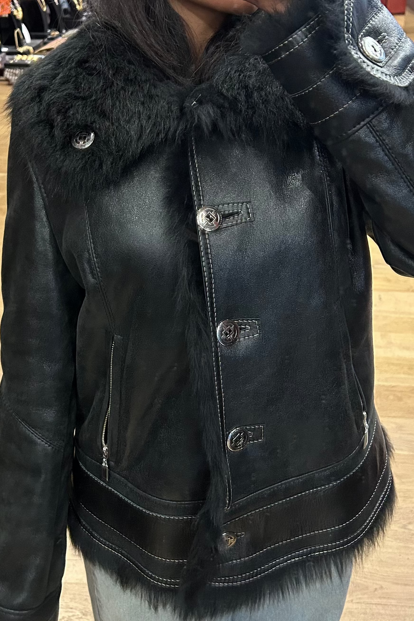 Vintage Black Leather Jacket Shearling 90's