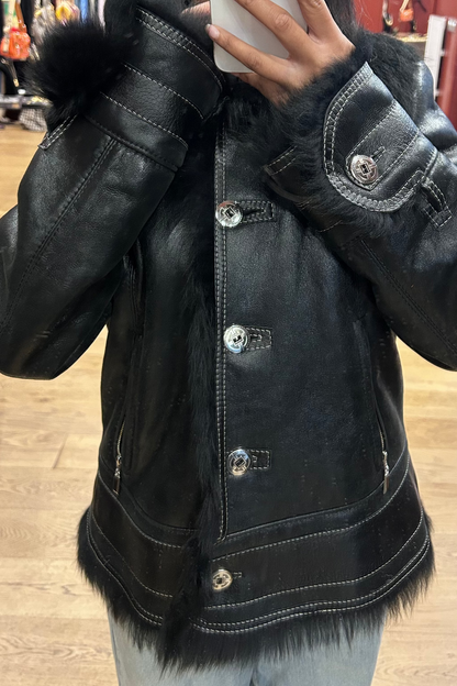 Vintage Black Leather Jacket Shearling 90's