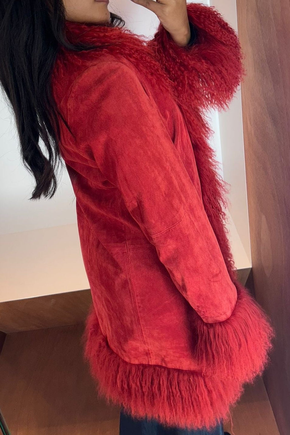 Red Suede Afghan Coat with Mongolian Lamb Fur Trim – Alain Manoukian 2000s