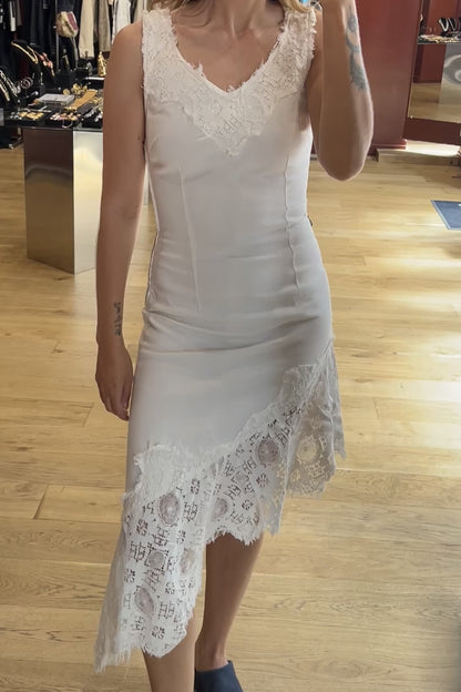 Moschino Jeans White Cotton Asymmetric Dress with Lace