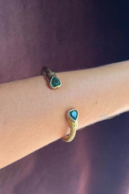 Adjustable Gold Cuff with Twin Green Heart Stones