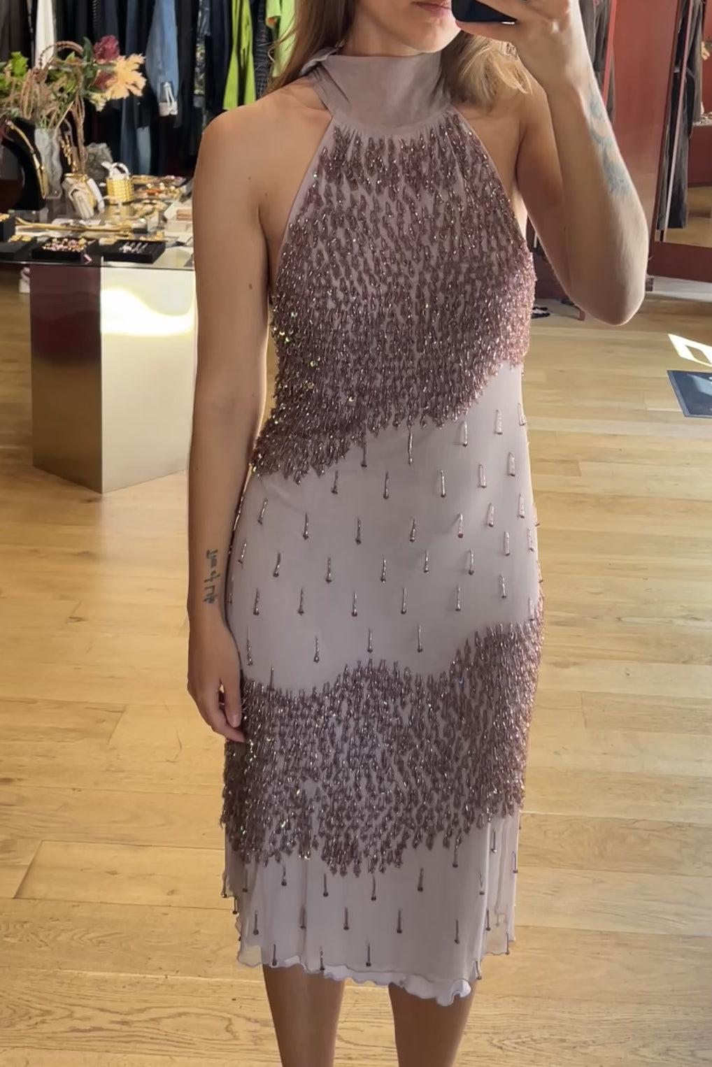 Vintage Beaded Halter Midi Dress — Ibiza Glam Spirit