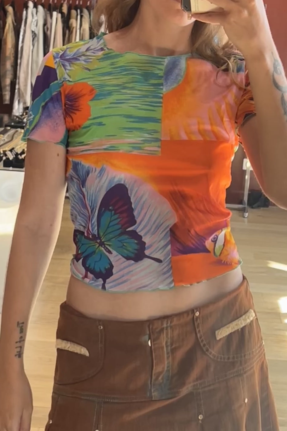 2000s Kenzo Mesh Top – Tropical Butterfly Print