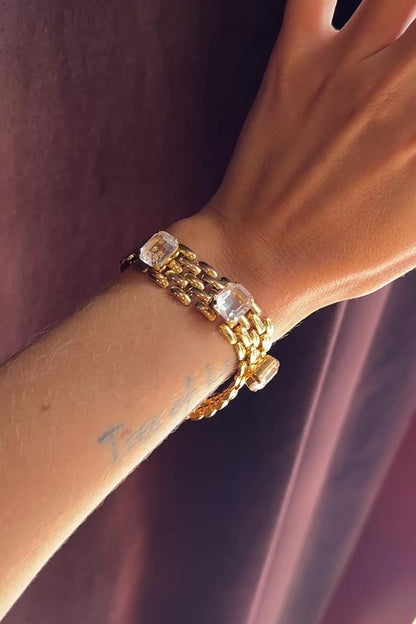 Watchband-Style Gold Bracelet with Faceted White Stones