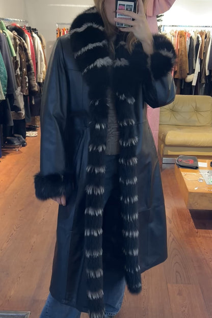 Vintage 1990s Long Black Leather Coat with Fox Fur Collar