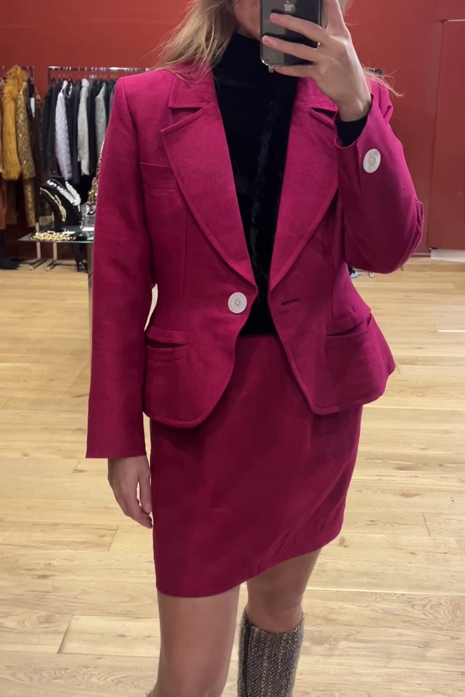 Vintage 1990s – Yves Saint Laurent Rive Gauche – Raspberry Silk Skirt Suit