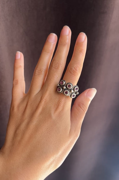 Vintage 1990s – Scooter Paris Ring – Silver-Tone Metal with Pink Stones