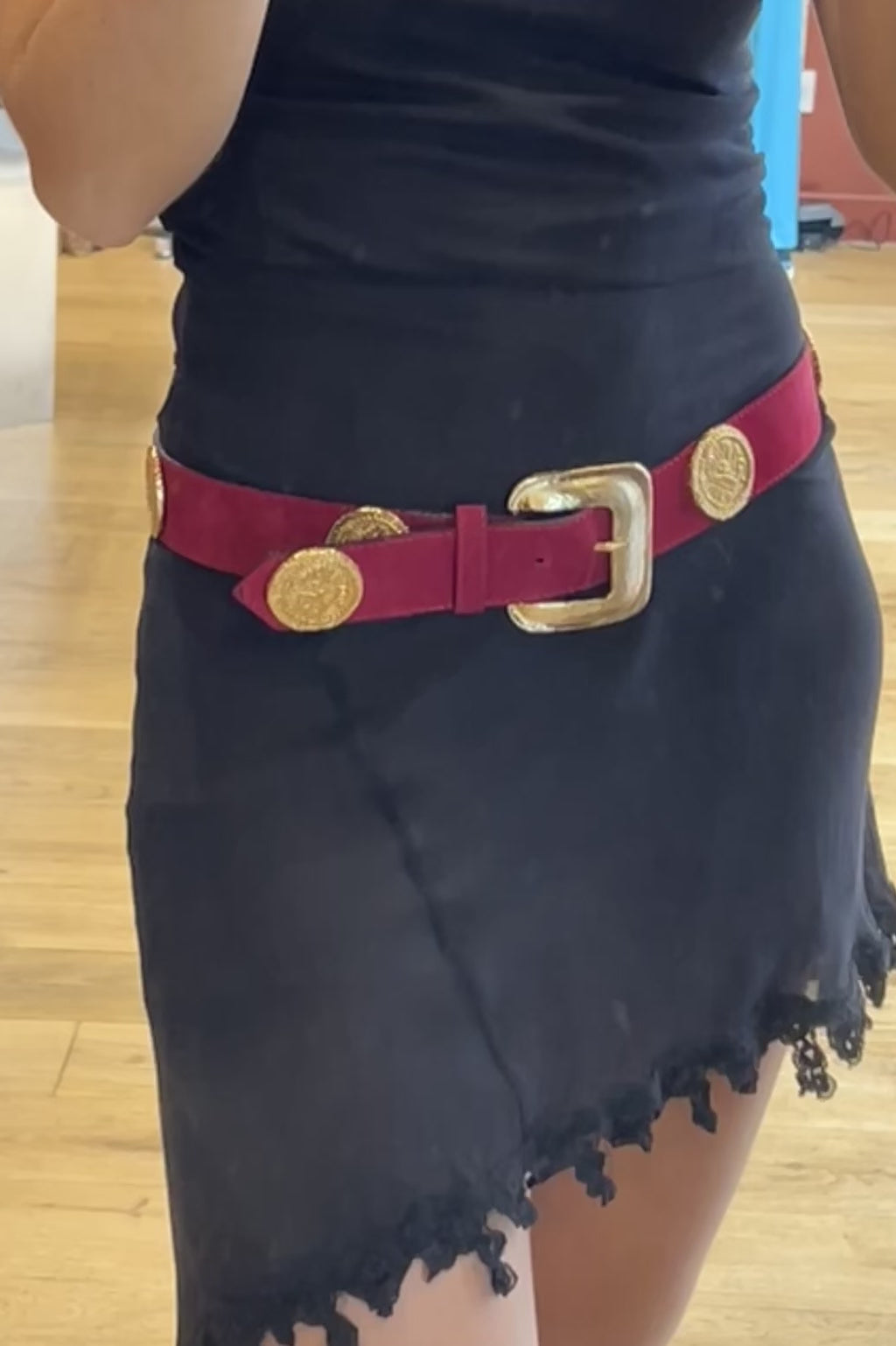 Yves Saint Laurent 1980s Red Suede Belt with Gold Disc Inlays