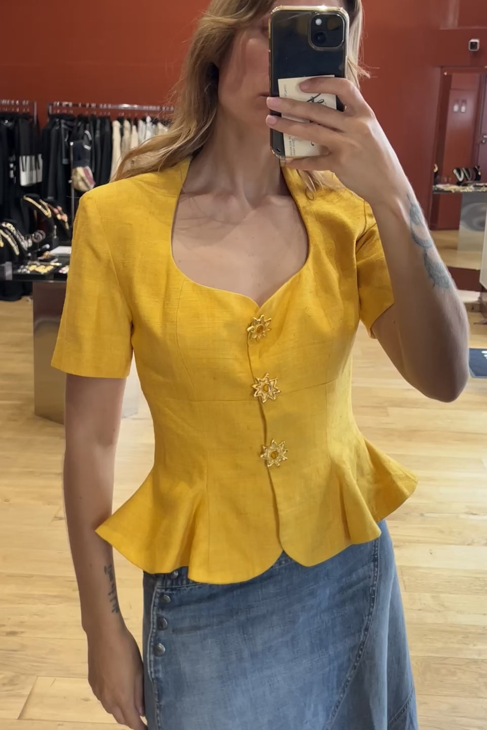 Vintage Nathalie Garçon Yellow Silk Peplum Top