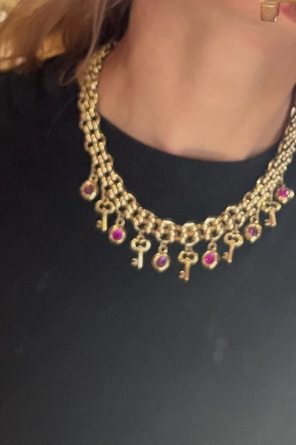 Sodini Gold-Tone Charm Necklace with Pink Stones