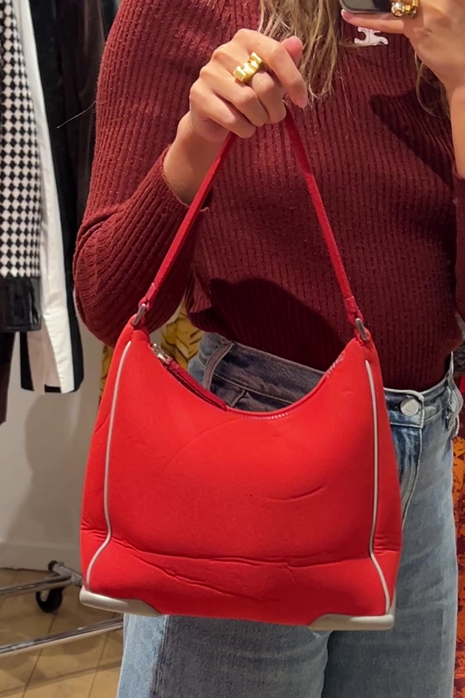 Vintage Prada Iconic Red Nylon Shoulder Bag with Rubber Sides